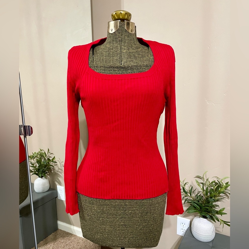 Vintage Carolyn Taylor Red Ribbed Fitted Sweater Top Knit Square Neck Minimalist
